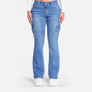 Mid rise cargo jeans, flare bootcut jeans, medium wash bootcut jeans